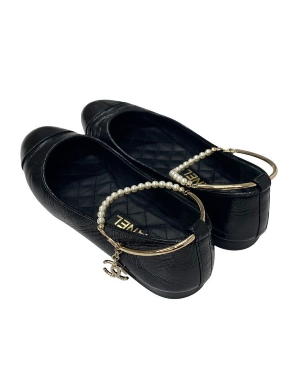Chanel Flat Shoes Leather Black Gold Ballet Ballerina Coco Mark Pearl - Picture 4 of 10